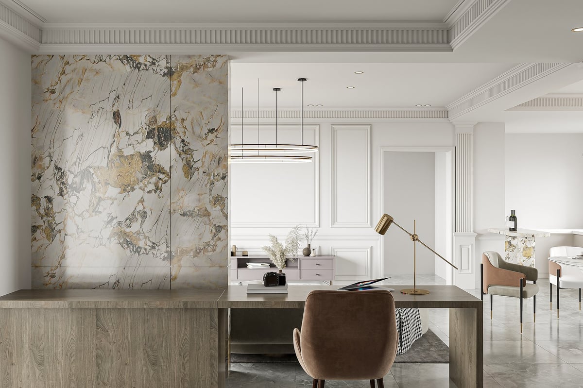 Modern office interior with marble wall and refined architectural details — premium authority website infrastructure for client-acquisition