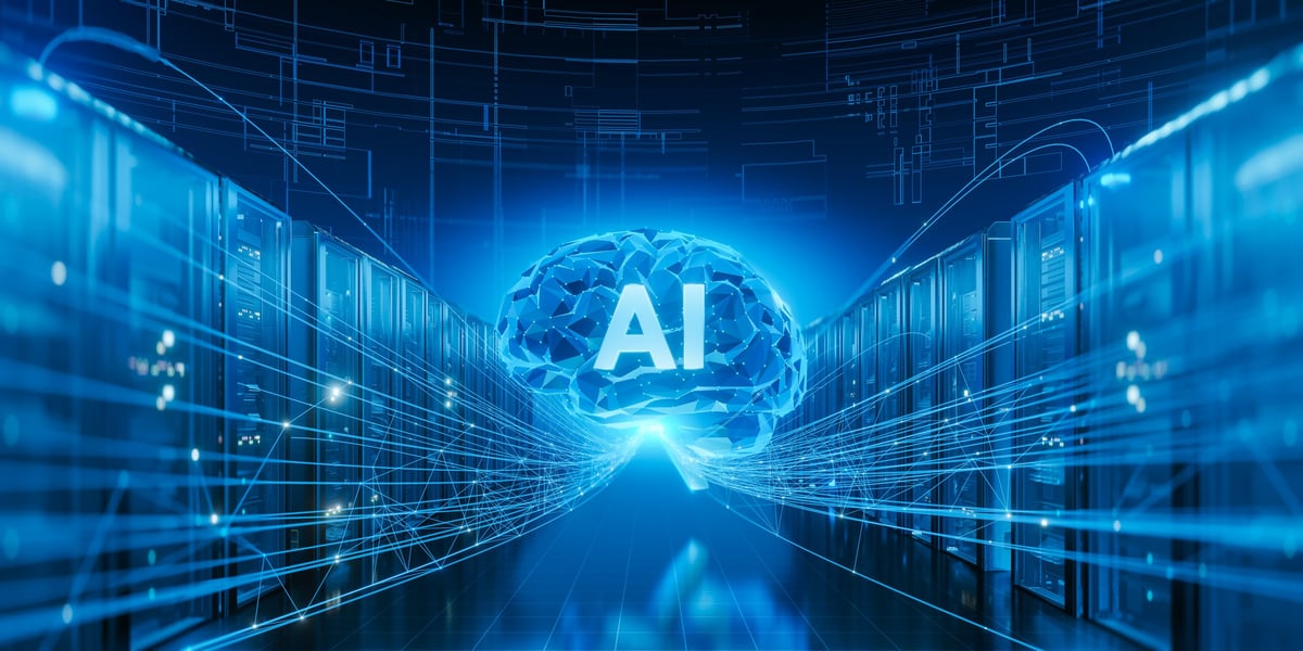 AI concept with glowing polygonal brain in a data center — AI search visibility and GEO infrastructure for modern client acquisition
