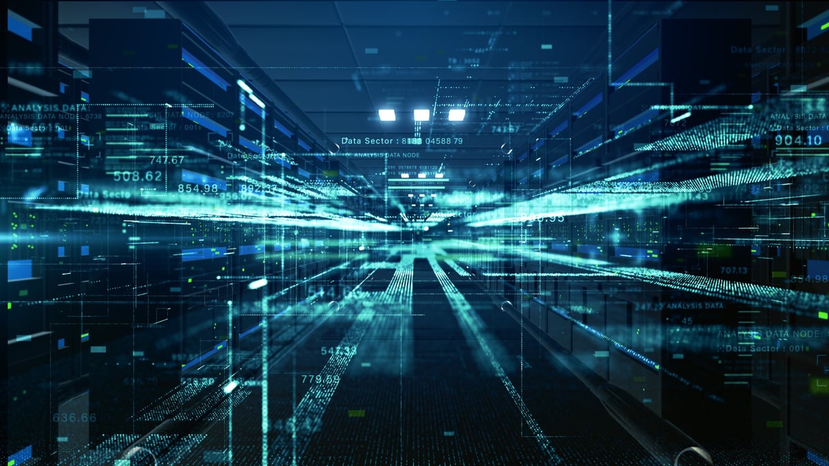 Futuristic data center with high-speed digital transmission lines representing connected client-acquisition infrastructure and business systems