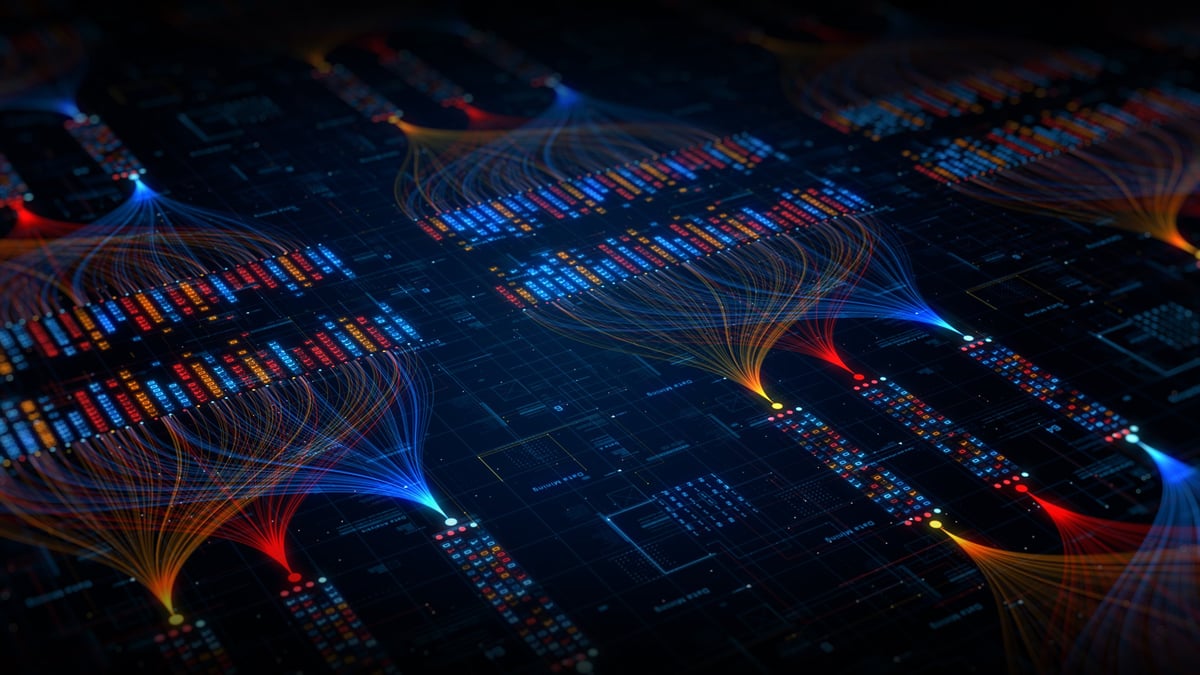 Abstract digital data stream and network connections — proof and project signals for Rich Preisig and Optnx client-acquisition infrastructure
