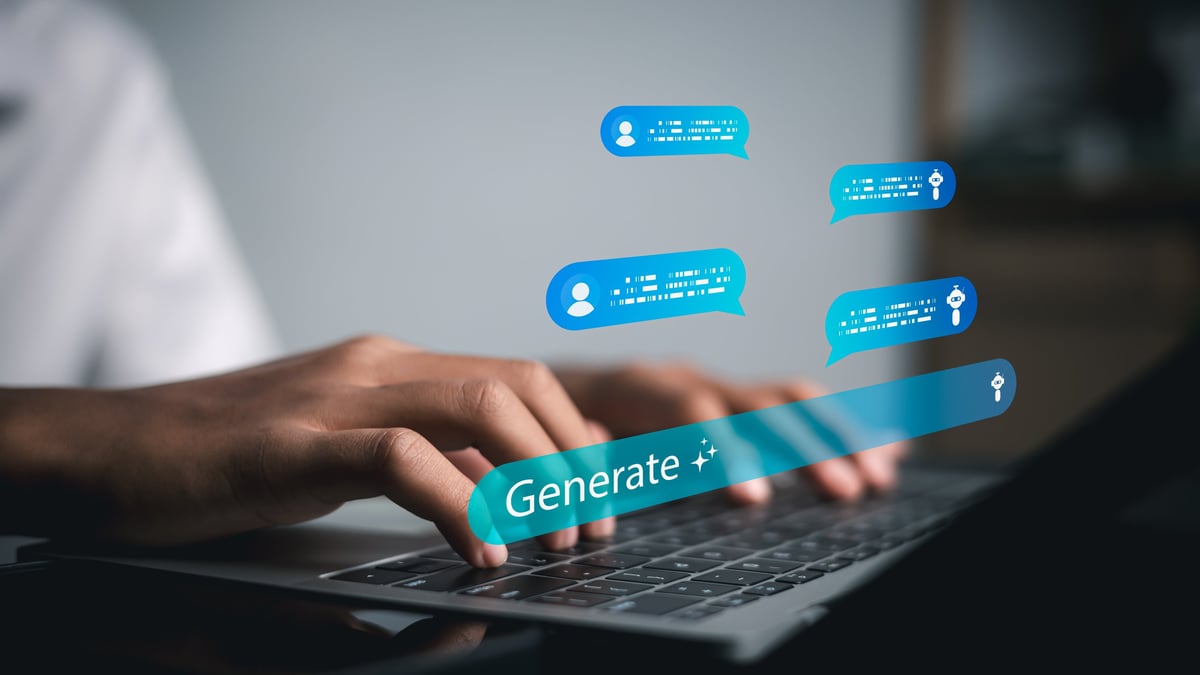 Person typing on laptop with AI chatbot interface showing ChatGPT-like conversation representing how businesses are discovered through AI search tools