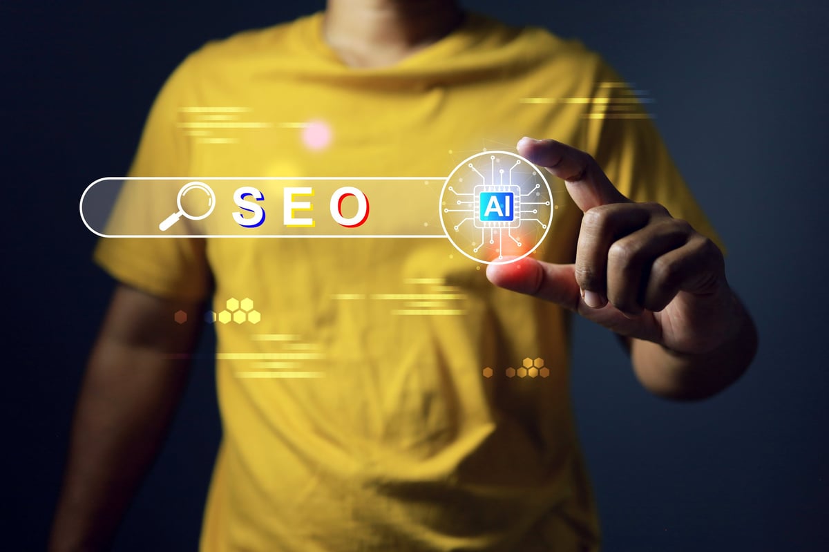 AI SEO concept visualization showing a person interacting with search optimization tools connected to artificial intelligence to create content AI search engines can understand