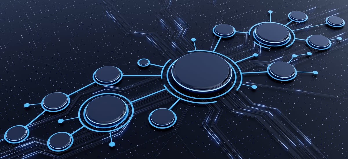 Futuristic blue circuit board with glowing connection nodes — AI lead follow-up automation infrastructure