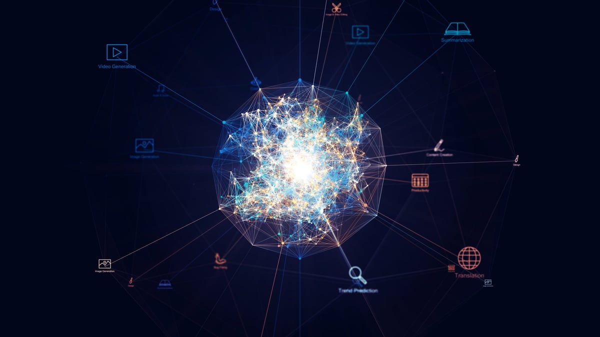 Abstract AI-driven content ecosystem visualization showing how a single idea propagates into multiple content assets across different channels and formats